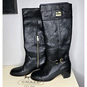 Coach Sapphire Black Block Heel Knee High Boots 9 B Riding Leather Pebble Box